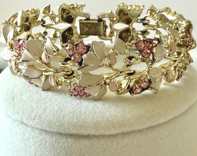 Vintage Coro Ivory and Pink Enamel and Pink Rhinestone Link Bracelet