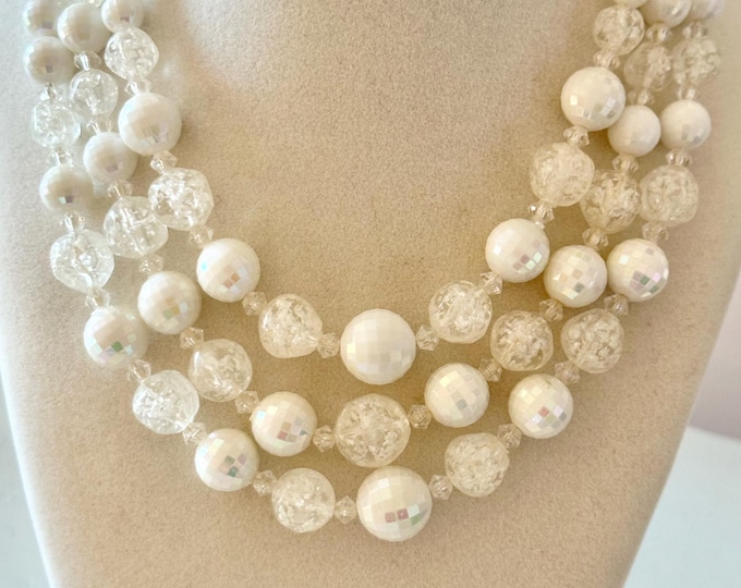 Vintage White Acrylic Beaded Three-Strand Necklace Made in Germany
