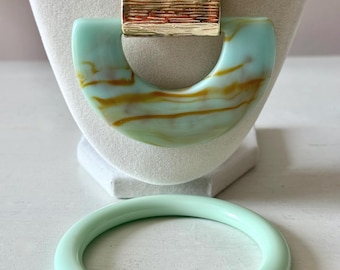 Vintage Gold Tone and Mint Green Acrylic Pendant Necklace + Acrylic Bangle Bracelet Unsigned