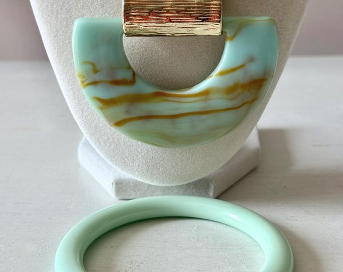 Vintage Gold Tone and Mint Green Acrylic Pendant Necklace + Acrylic Bangle Bracelet Unsigned
