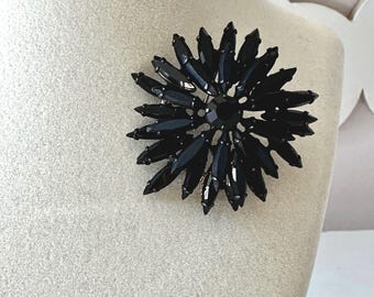 Vintage Regency Black Rhinestone Floral Brooch with Japanned Finish