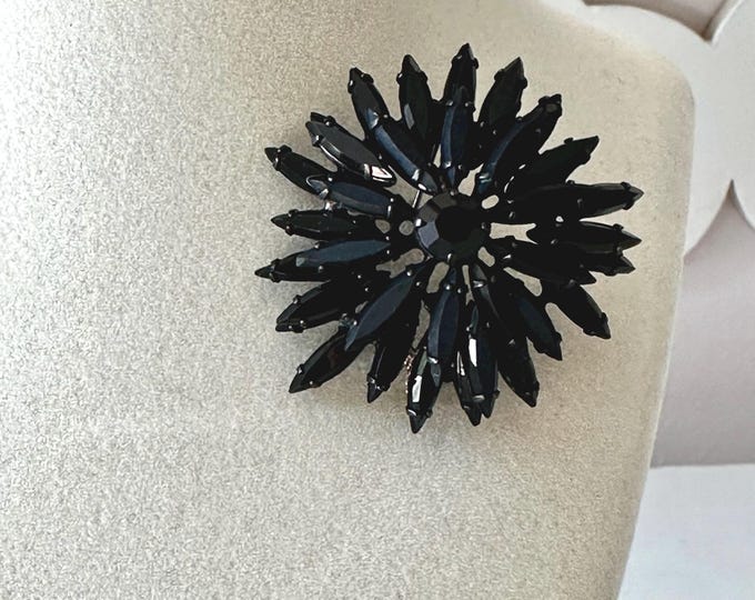 Vintage Regency Black Rhinestone Floral Brooch with Japanned Finish