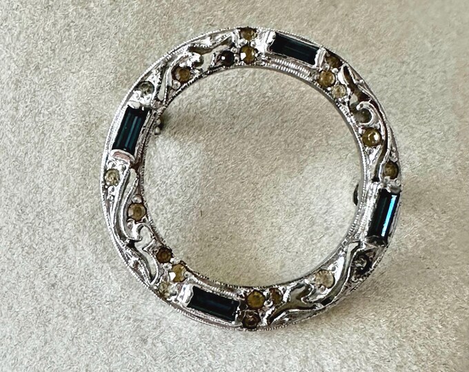 Vintage Panetta Silver Tone and Blue Baguette Wreath Brooch