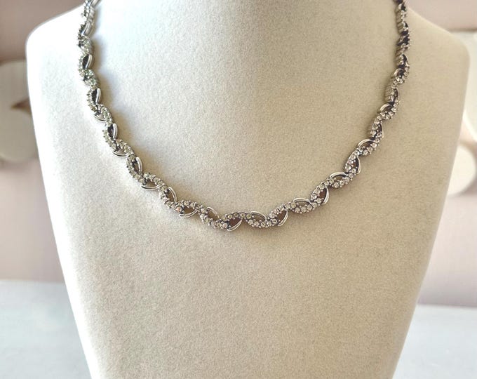 Vintage Silver Tone Clear Rhinestone Choker Necklace Unsigned 16.5"