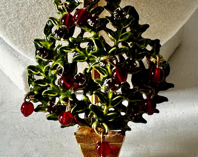 Vintage Originals by Robert Christmas Tree Brooch with Red Dangling Ornaments