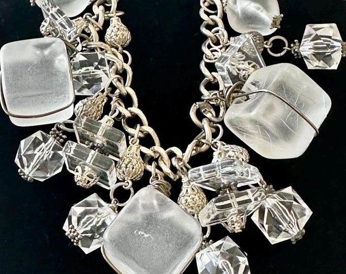 Vintage Chunky Clear and Icy Lucite Silver Tone Bracelet 7"