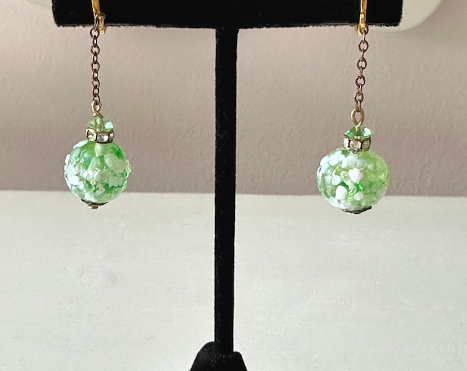 Vintage Venetian Glass Dangle/Drop Earrings in Green and White