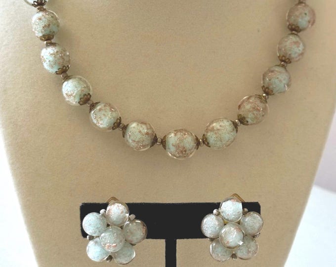 Vintage Venetian Italian Glass Sommerso Beaded Necklace + Clip-On Earrings