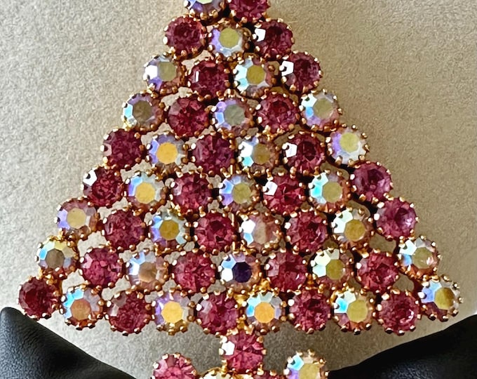 Vintage Dominique Pink Rhinestone Christmas Tree Brooch 3"