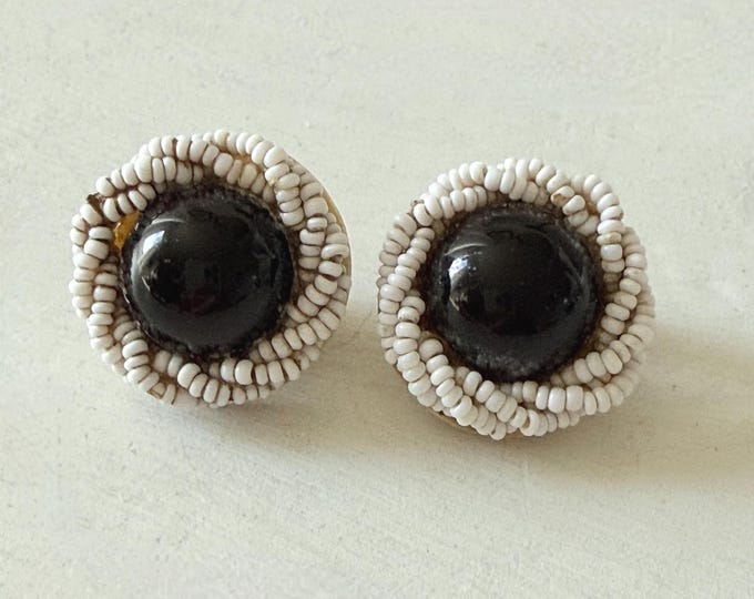 Vintage 1930s Seeded White Bead and Black Glass Cabochon Earrings Unsigned