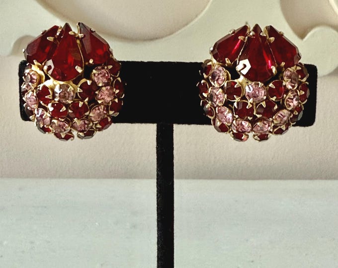 Vintage Unsigned Warner Red and Pink Rhinestone Domed Earrings Clip-On