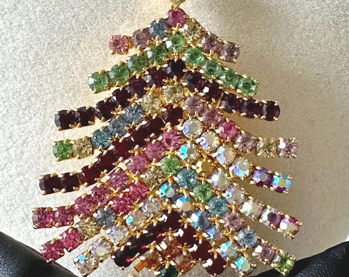 Vintage Dominique Multi-color Rhinestone and Aurora Borealis Christmas Tree Brooch 2.75"