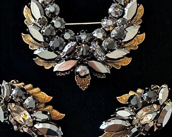 Vintage Regency Black Diamond and AB Brooch + Earrings