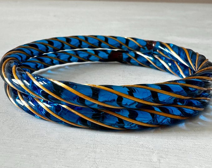Vintage Czech Cobalt Blue Glass and Brass Bangle Bracelets (2)