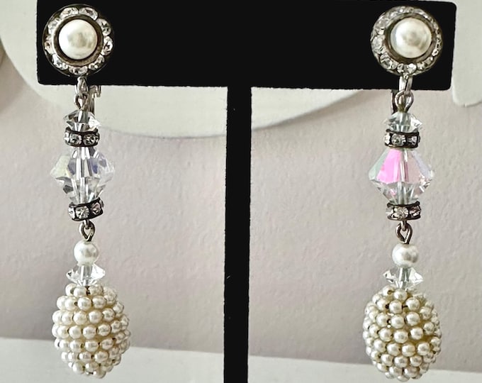 Vintage Seed Pearl and Rhinestone Dangle Earrings Bridal Unsigned