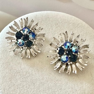 Vintage Lisner Silver Tone Blue AB Earrings Clip-On