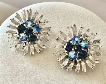 Vintage Lisner Silver Tone Blue AB Earrings Clip-On
