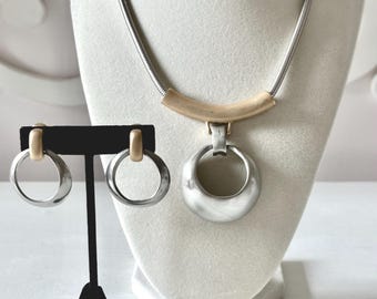 Vintage Hobe Gold and Silver Tone Pendant Necklace + Hoop Earrings