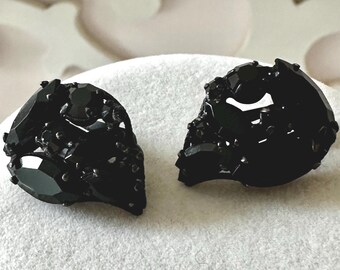 Vintage Regency Black Rhinestone Earrings  Clip-On