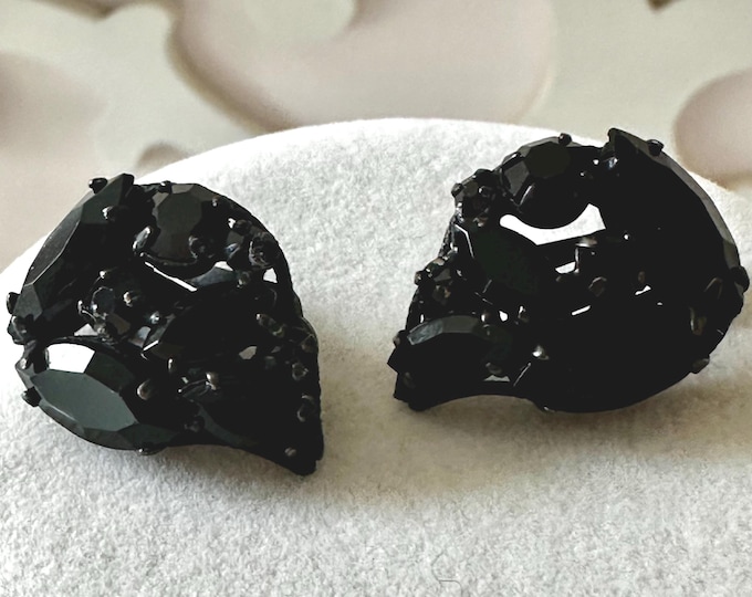 Vintage Regency Black Rhinestone Earrings  Clip-On
