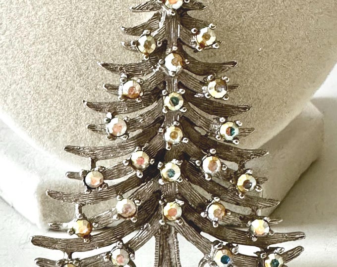 Vintage Mylu Christmas Tree Brooch Brushed Silver Tone with AB Ornaments 2 1/2"