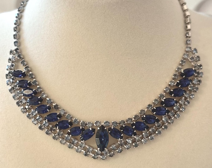 Vintage Blue Rhinestone Silver Tone Necklace 15" Unsigned