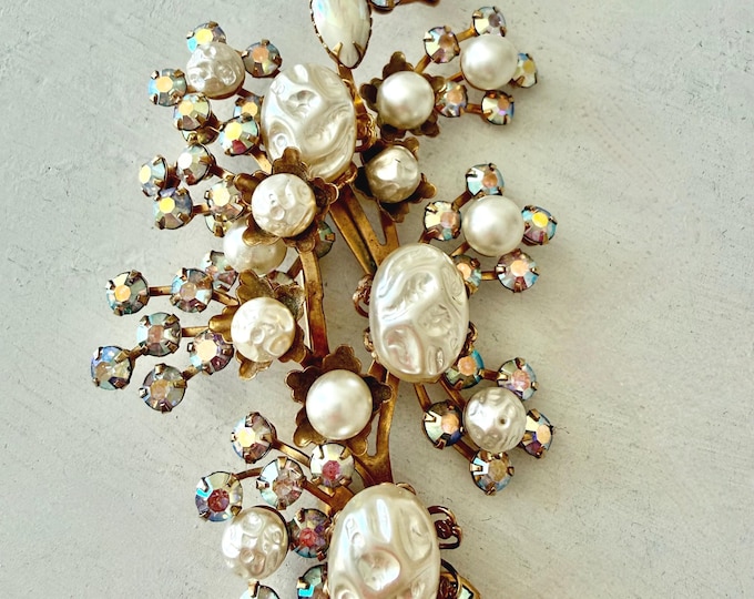 Vintage Gold Tone Faux Pearl and AB Floral Spray Bridal Brooch 3 1/2"