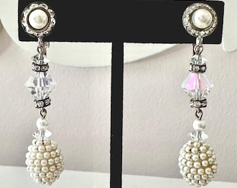 Vintage Seed Pearl and Rhinestone Dangle Earrings Bridal Unsigned