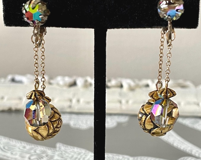 Vintage Chandelier Earrings with Large Gold Tone Rose and AB Stones Unsigned 2"