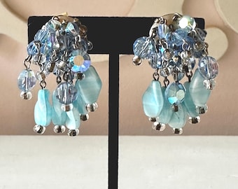 Vintage Hobe Blue AB Crystal and Acrylic Bead Waterfall Earrings 1 3/8"