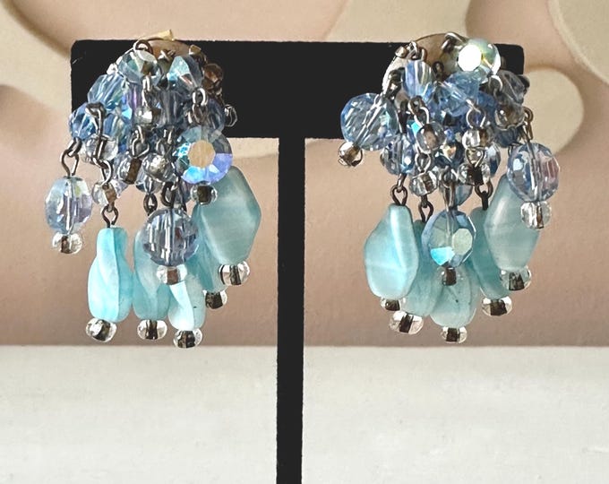 Vintage Hobe Blue AB Crystal and Acrylic Bead Waterfall Earrings 1 3/8"