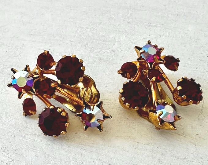 Vintage Austrian Red Rhinestone and AB Earrings Clip-On