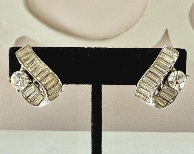 Vintage Trifari Silver Tone Rhinestone Ribbon Earrings Clip-On