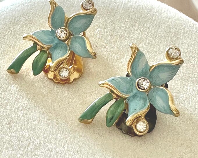 Vintage Kramer Petite Blue Enamel and Rhinestone Floral Earrings
