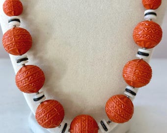 Vintage Hobe Orange Acrylic and Glass Beaded Necklace 23"