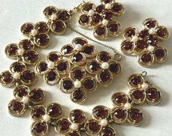 Vintage 1950s Bogoff Gold Tone Citrine Rhinestone Faux Pearl Brooch + Bracelet + Earrings