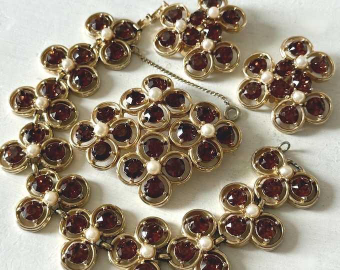 Vintage 1950s Bogoff Gold Tone Citrine Rhinestone Faux Pearl Brooch + Bracelet + Earrings