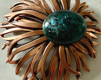 Vintage Renoir Book Piece Copper Daisy Brooch with Blue Enamel Cabochon
