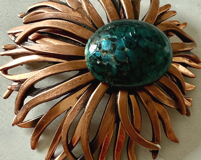 Vintage Renoir Book Piece Copper Daisy Brooch with Blue Enamel Cabochon