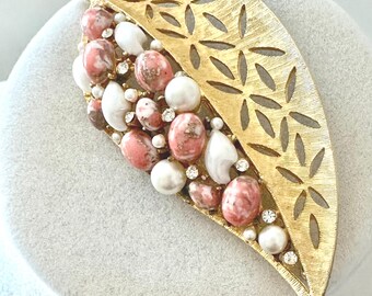 Vintage BSK Brushed Gold Tone Art Glass Faux Pearl Leaf Brooch