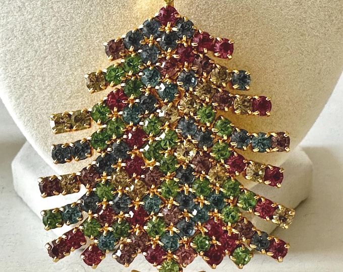 Vintage Dominique Pastel Rhinestone Christmas Tree Brooch 2.75"