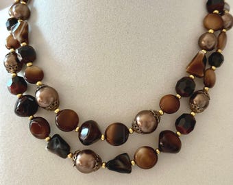 Vintage Trifari Two-Strand Brown Art Glass Beaded Choker Necklace