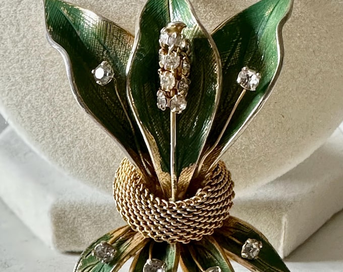 Vintage Hobe 1965 Green Leaves Brooch Gold Tone with Rhinestones