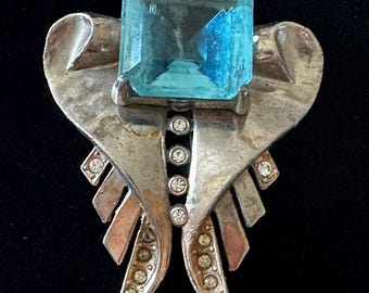 Vintage Art Deco Brooch with Large Blue Stone 2.25"