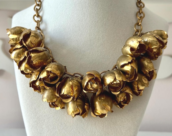 Vintage Metal Chain Choker with Gold Tone Metal Rose or Tulip Pendants Unsigned