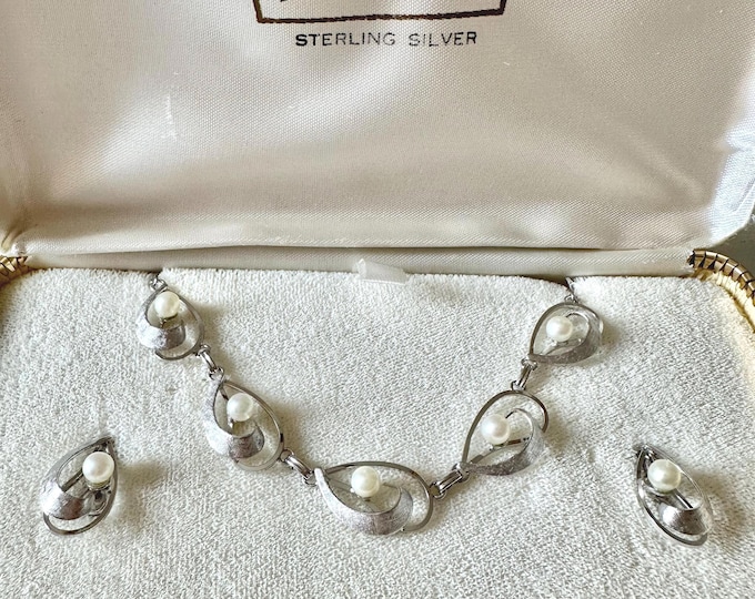 Vintage Van Dell Sterling Silver Cultured Pearl Necklace + Earrings in Original Box