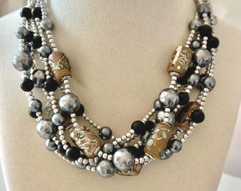 Vintage Japan 6-Strand Beaded and Art Glass Choker Necklace 16.75"