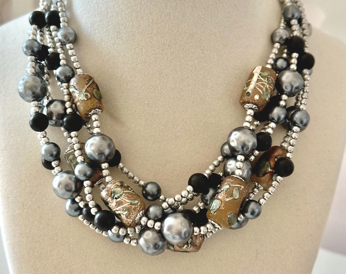 Vintage Japan 6-Strand Beaded and Art Glass Choker Necklace 16.75"