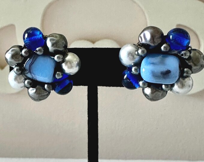 Vintage Blue Art Glass and Acrylic Beaded Earrings from Japan