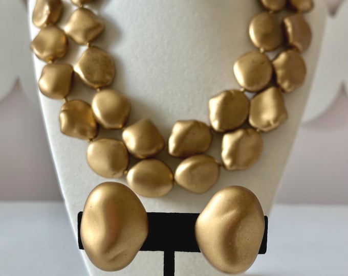 Vintage Les Bernard Matte Gold Tone Double-Strand Necklace 18" + Earrings